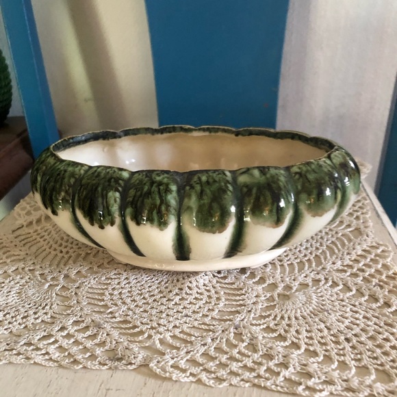 Vintage Green and White Ceramic Drip Glaze Planter